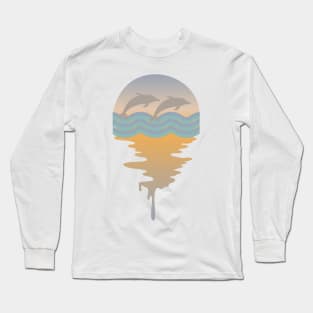 Retro Dolphins On An Ocean Background Long Sleeve T-Shirt